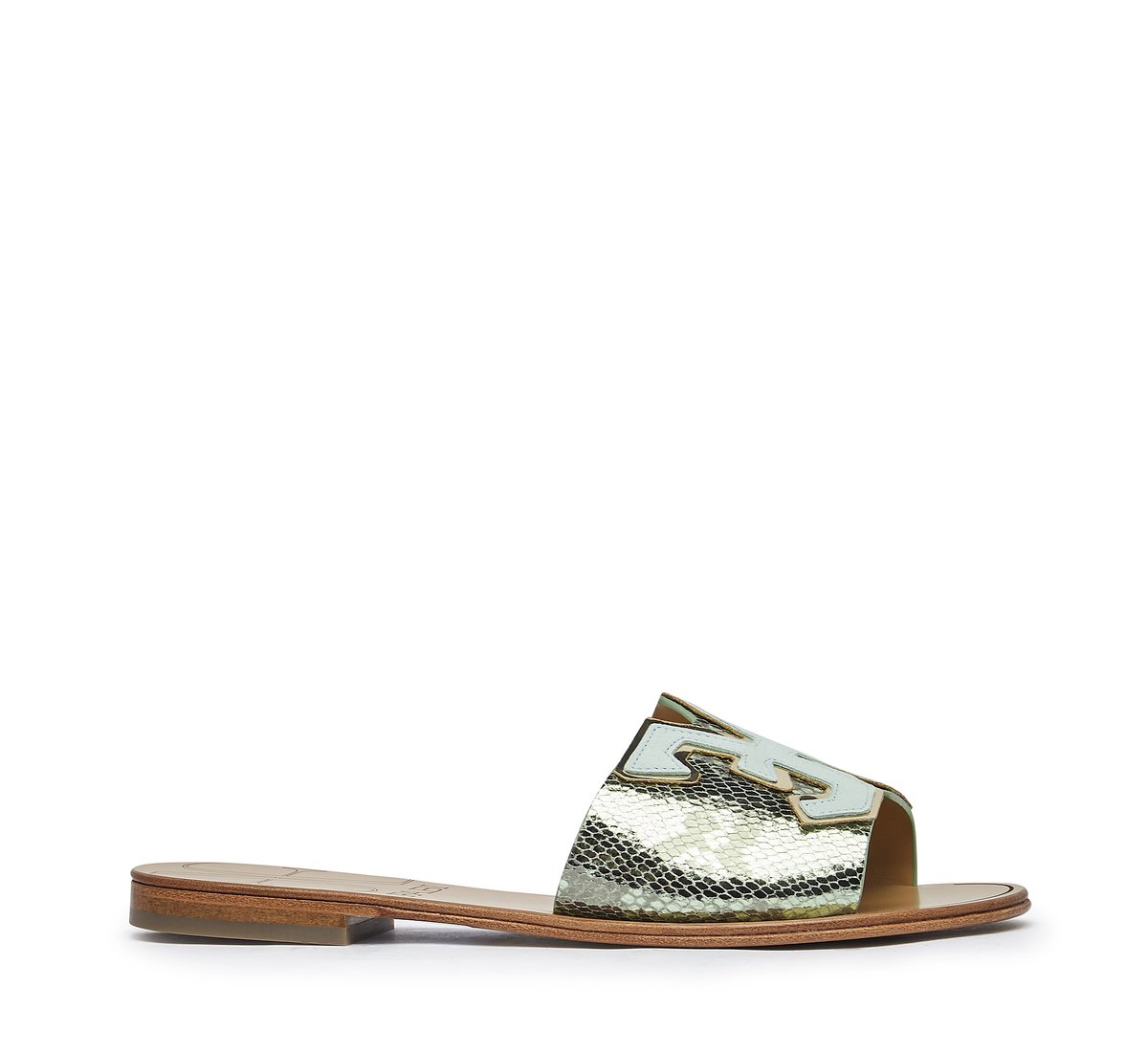 Reptile-effect leather slip-on sandal